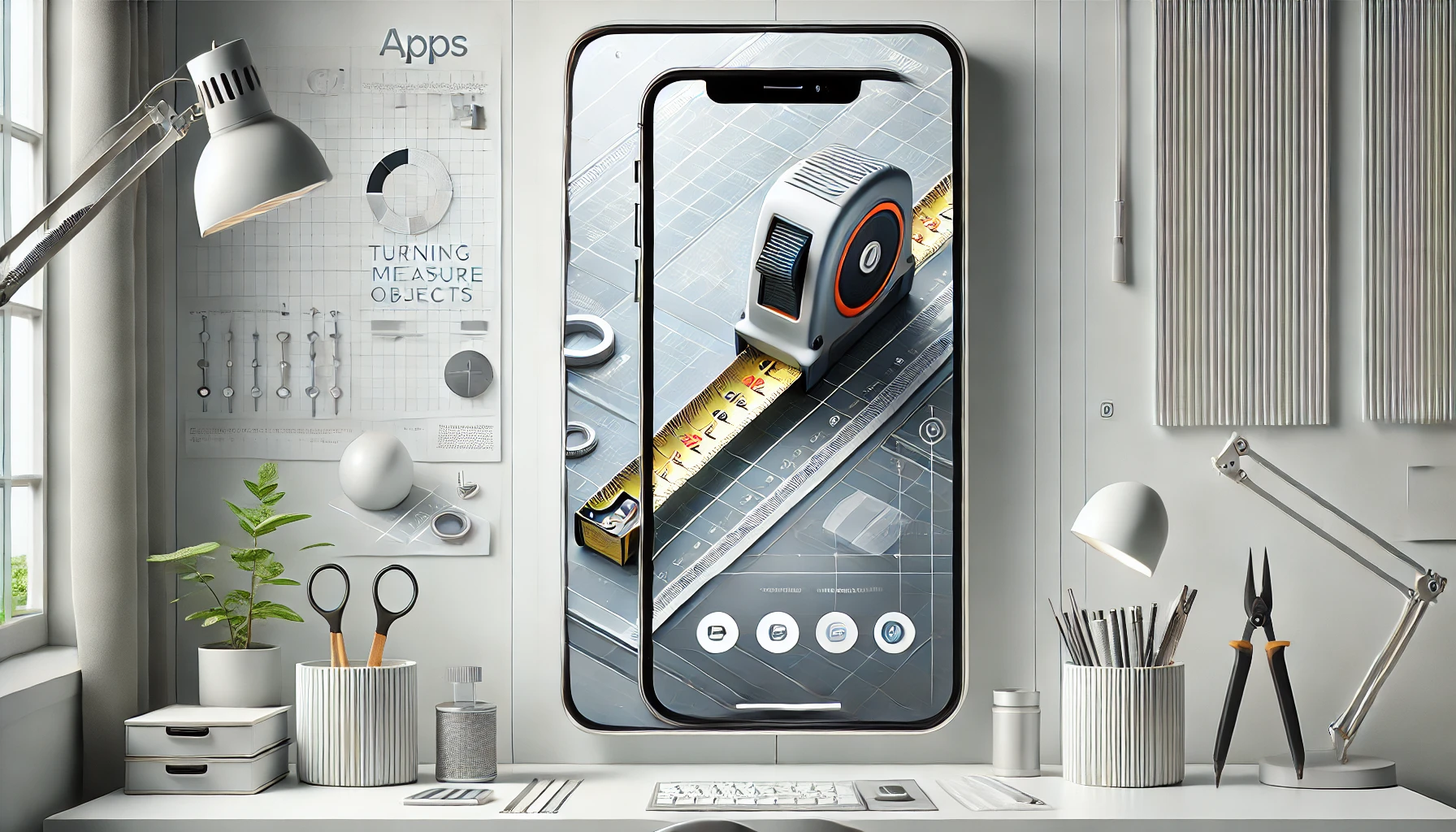 DALL·E 2025 01 10 15.45.14 A sleek and modern wallpaper in 16 9 ratio for an article titled Apps to Measure Objects Turning Your Smartphone into a Digital Tape Measure. The d